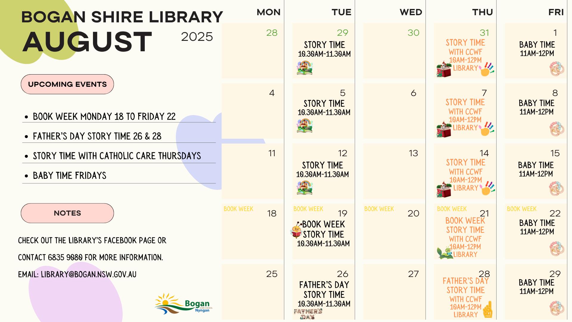 Bogan Shire Library August 2025 Calender